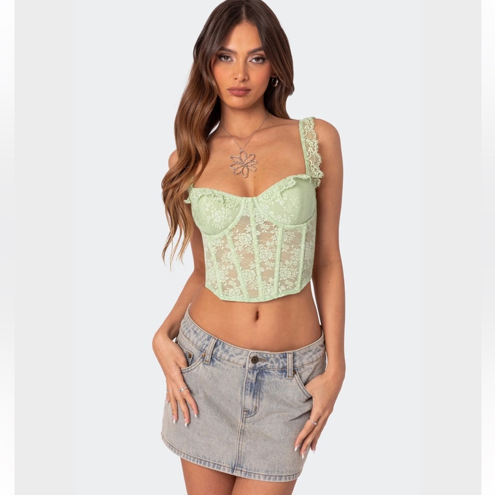 NWT Edikted Amaya Sheer Lace Corset Size L Sage Green